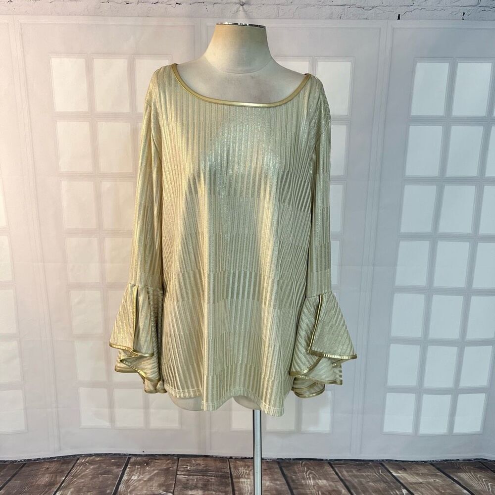 Ashley Stewart NWT Gold Pullover Pleated Long Bell Sleeve Blouse Size 22/24
